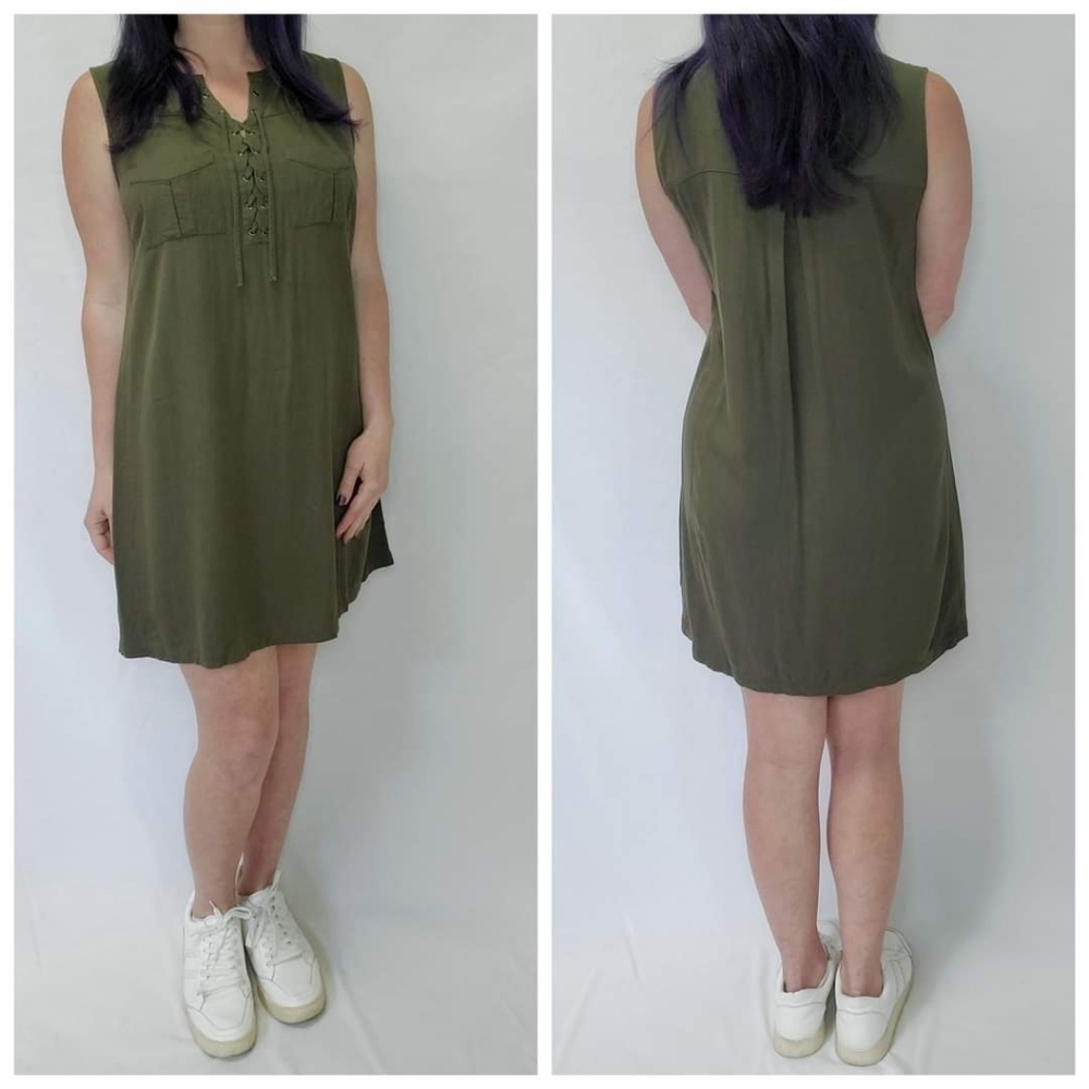A.n.a Olive Green Lace Up Chest Sleeveless Shirt Dress